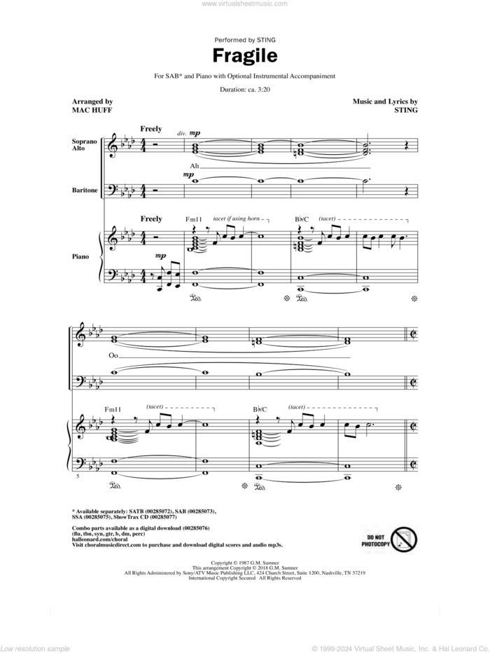 Fragile (arr. Mac Huff) sheet music for choir (SAB: soprano, alto, bass) by Sting and Mac Huff, intermediate skill level