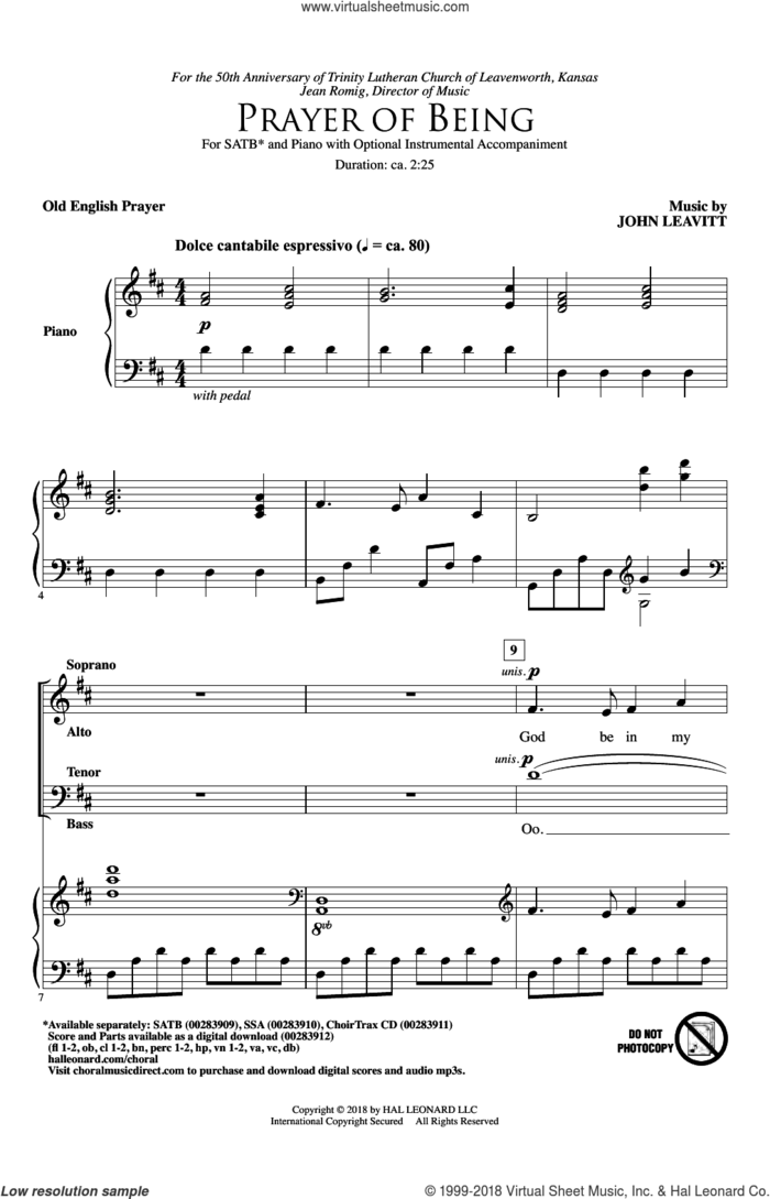 Prayer Of Being sheet music for choir (SATB: soprano, alto, tenor, bass) by John Leavitt and Old English Prayer, intermediate skill level
