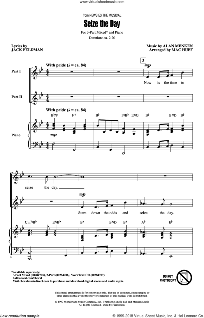 Seize The Day (from Newsies The Musical) (arr. Mac Huff) sheet music for choir (3-Part Mixed) by Alan Menken & Jack Feldman, Mac Huff, Alan Menken and Jack Feldman, intermediate skill level