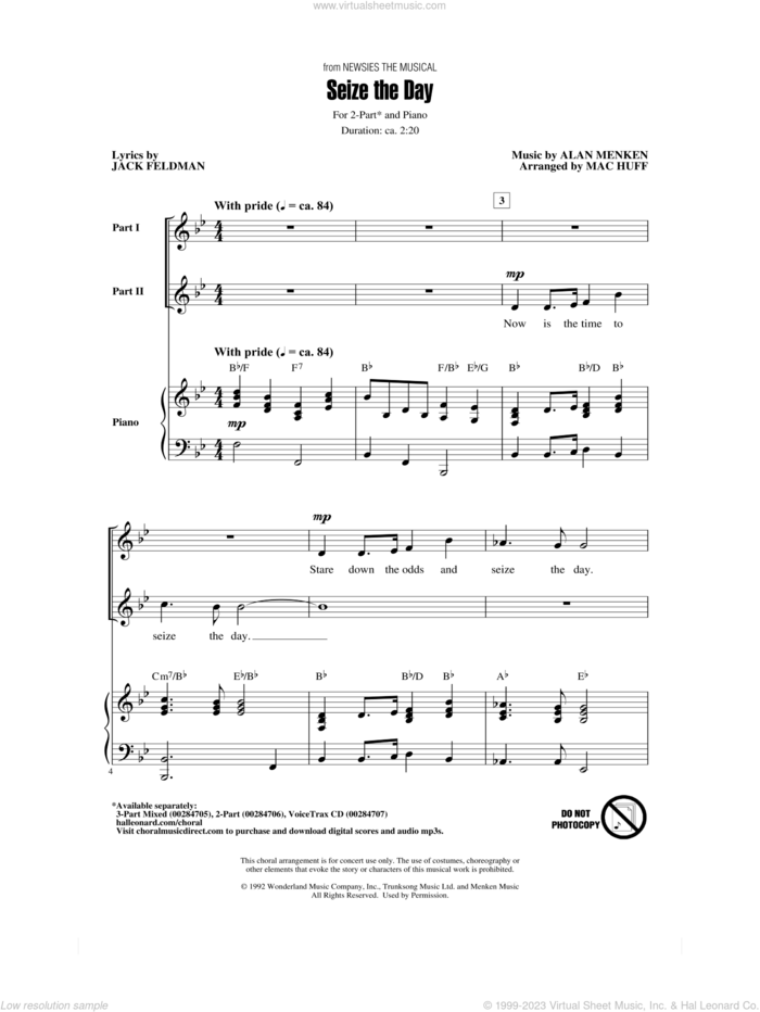 Seize The Day (from Newsies The Musical) (arr. Mac Huff) sheet music for choir (2-Part) by Alan Menken & Jack Feldman, Mac Huff, Alan Menken and Jack Feldman, intermediate duet