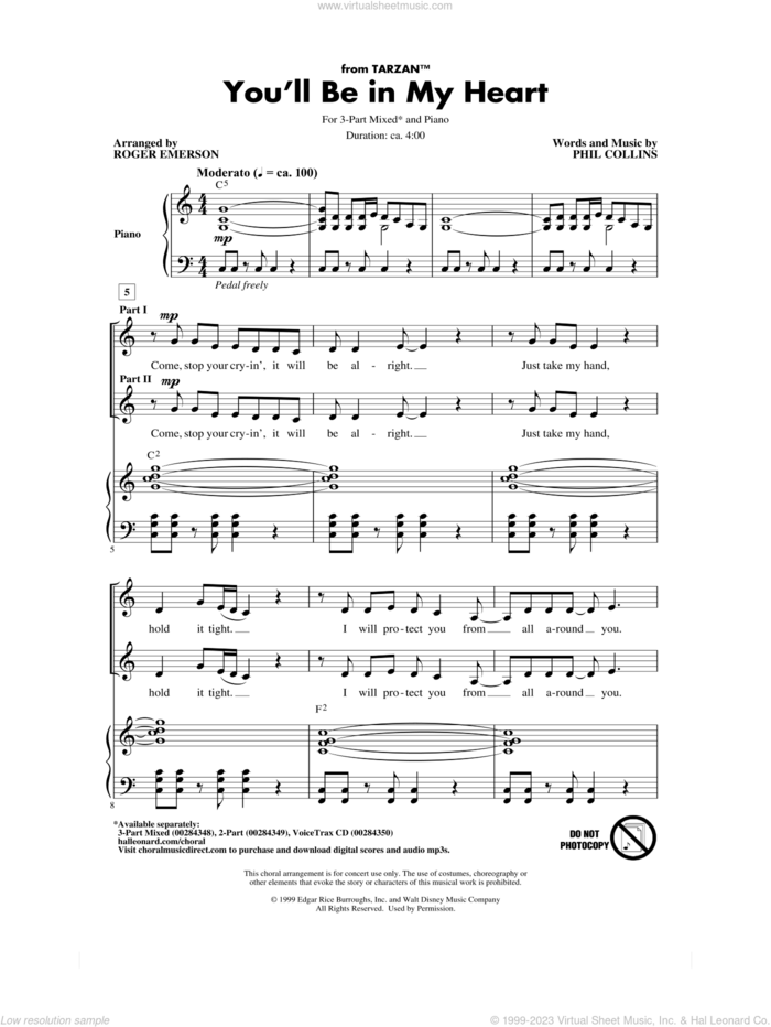 You'll Be In My Heart (from Tarzan) (arr. Roger Emerson) sheet music for choir (3-Part Mixed) by Phil Collins and Roger Emerson, intermediate skill level