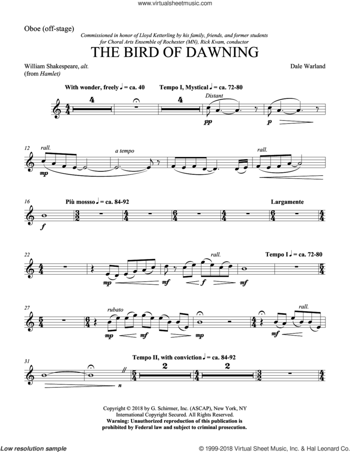 Bird Of Dawning (complete set of parts) sheet music for orchestra/band by Dale Warland and William Shakespeare, intermediate skill level