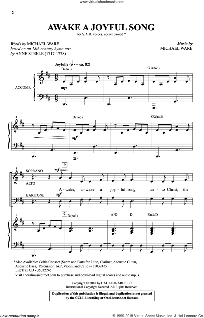 Awake A Joyful Song sheet music for choir (SAB: soprano, alto, bass) by Michael Ware, intermediate skill level