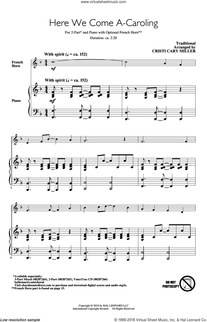 Here We Come A-Caroling sheet music for choir (2-Part) by Cristi Cary Miller and Miscellaneous, intermediate duet
