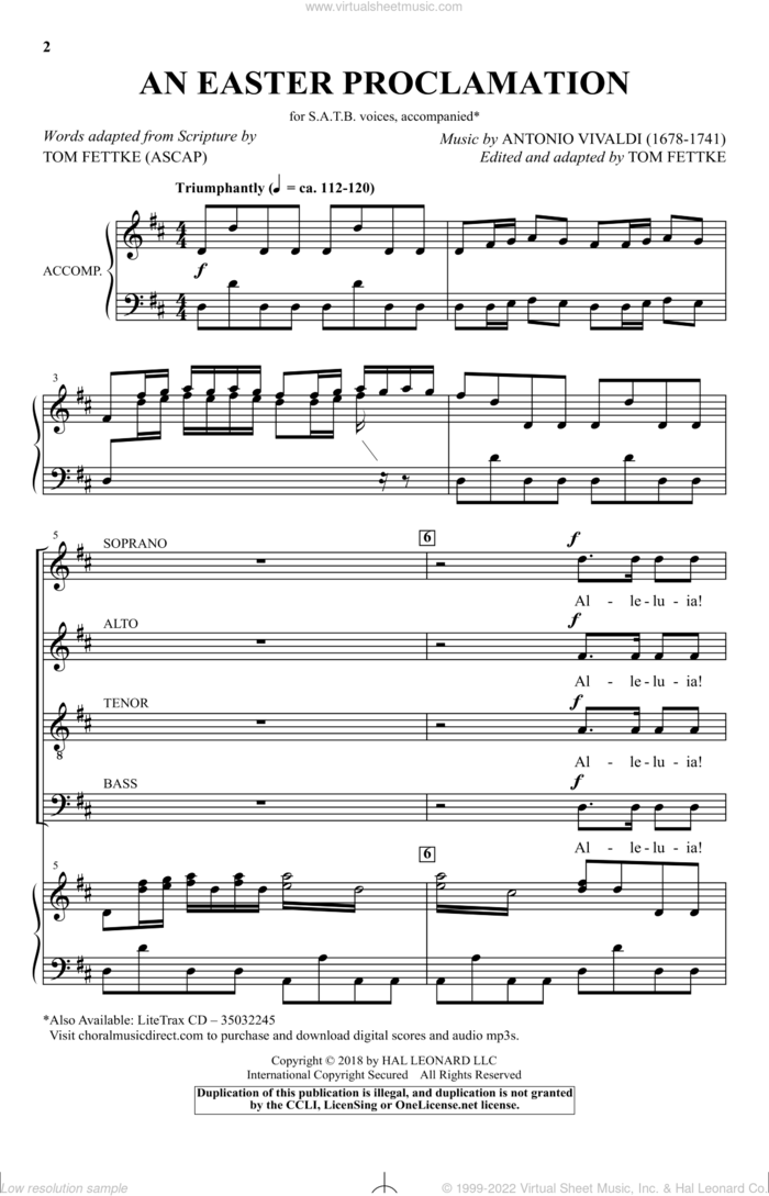 An Easter Proclamation sheet music for choir (SATB: soprano, alto, tenor, bass) by Antonio Vivaldi, Scripture and Tom Fettke, intermediate skill level