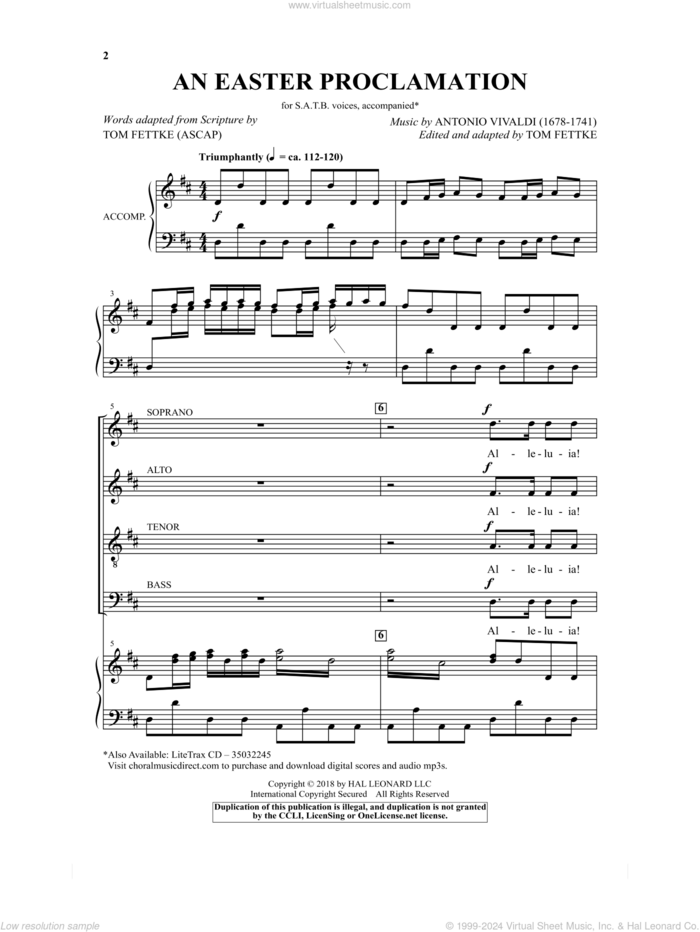 An Easter Proclamation sheet music for choir (SATB: soprano, alto, tenor, bass) by Antonio Vivaldi, Scripture and Tom Fettke, intermediate skill level