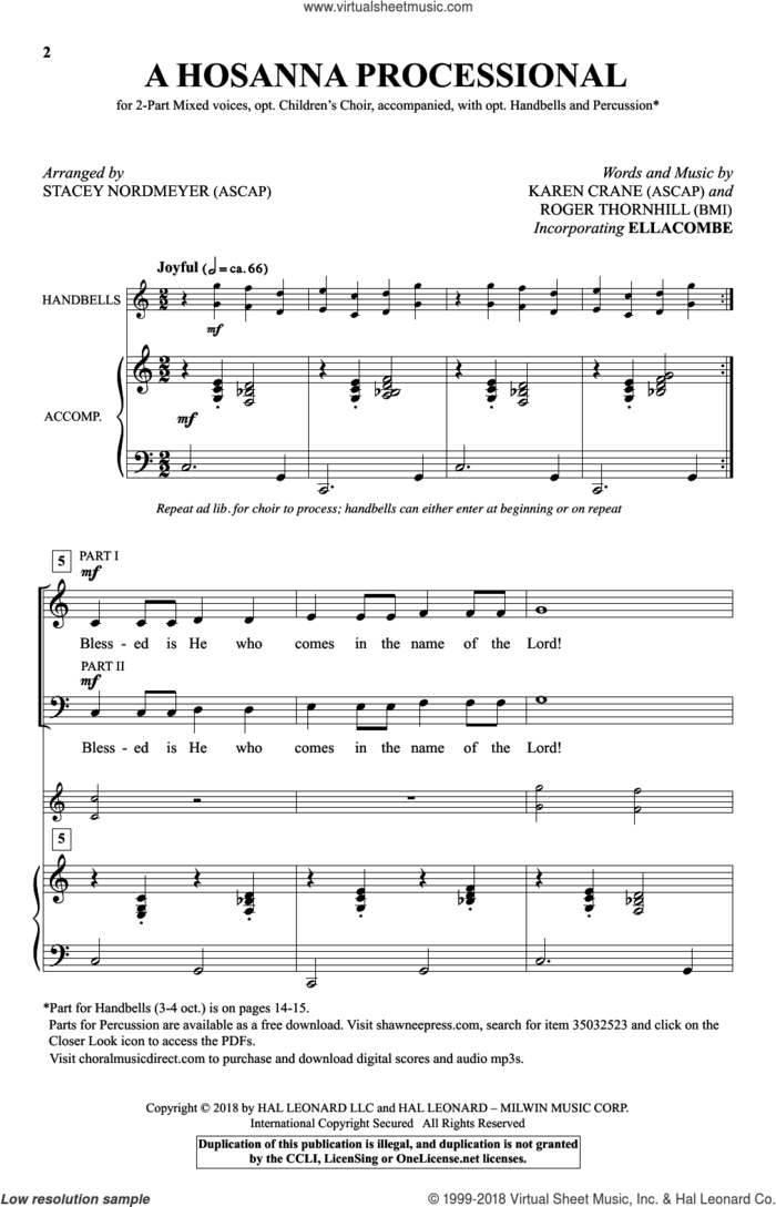 A Hosanna Processional (arr. Stacey Nordmeyer) sheet music for choir (2-Part) by Roger Thornhill, Stacey Nordmeyer, Karen Crane and Karen Crane & Roger Thornhill, intermediate duet