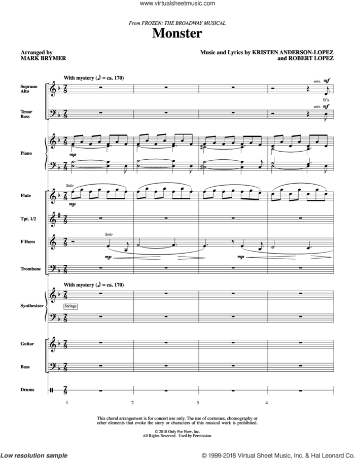 Monster (from Frozen The Broadway Musical) (arr. Mark Brymer) (COMPLETE) sheet music for orchestra/band by Mark Brymer, Kristen Anderson-Lopez, Kristen Anderson-Lopez & Robert Lopez and Robert Lopez, intermediate skill level