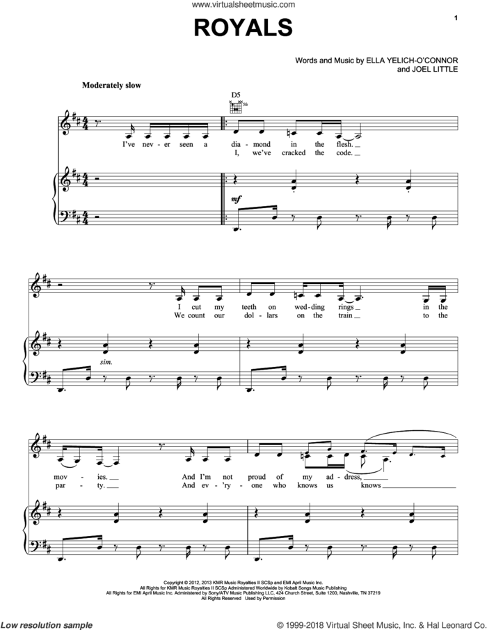 Royals sheet music for voice, piano or guitar by Lorde, Miscellaneous and Joel Little, intermediate skill level