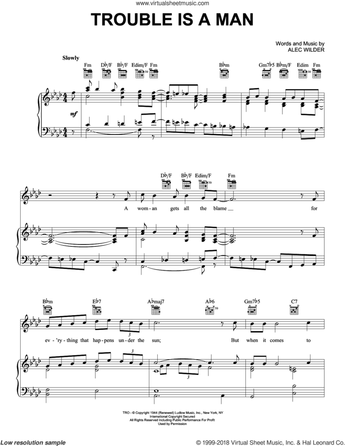 Trouble Is A Man sheet music for voice, piano or guitar by Alec Wilder, intermediate skill level