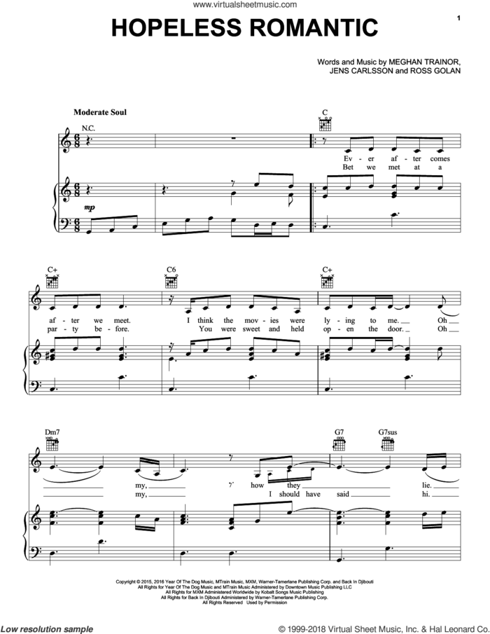 Hopeless Romantic sheet music for voice, piano or guitar by Meghan Trainor, Jens Carlsson and Ross Golan, intermediate skill level