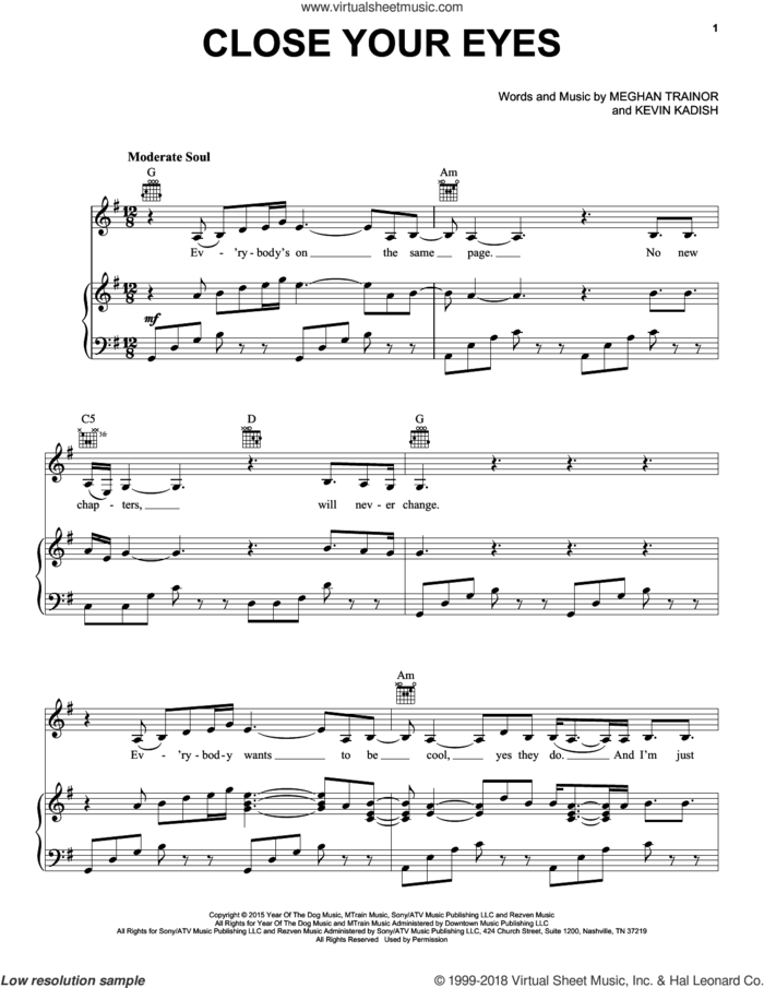 Close Your Eyes sheet music for voice, piano or guitar by Meghan Trainor and Kevin Kadish, intermediate skill level