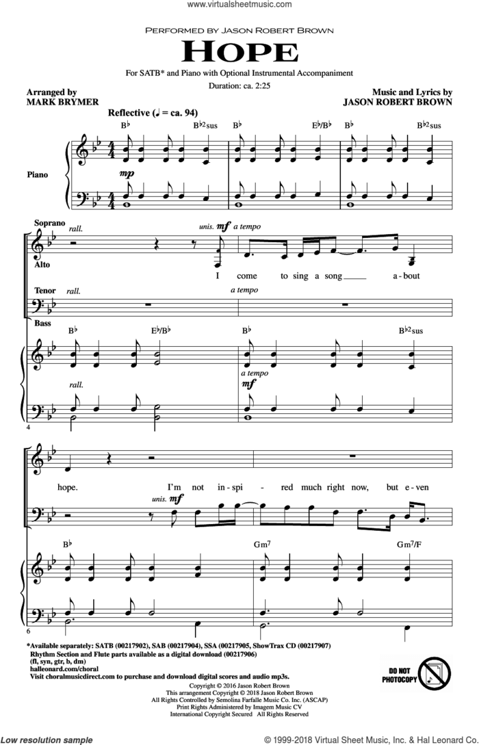 Hope (from How We React and How We Recover) (arr. Mark Brymer) sheet music for choir (SATB: soprano, alto, tenor, bass) by Jason Robert Brown, Mark Brymer and Kristin Chenoweth, intermediate skill level