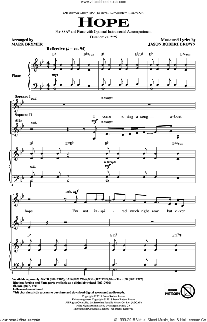 Hope (from How We React and How We Recover) (arr. Mark Brymer) sheet music for choir (SSA: soprano, alto) by Jason Robert Brown, Mark Brymer and Kristin Chenoweth, intermediate skill level