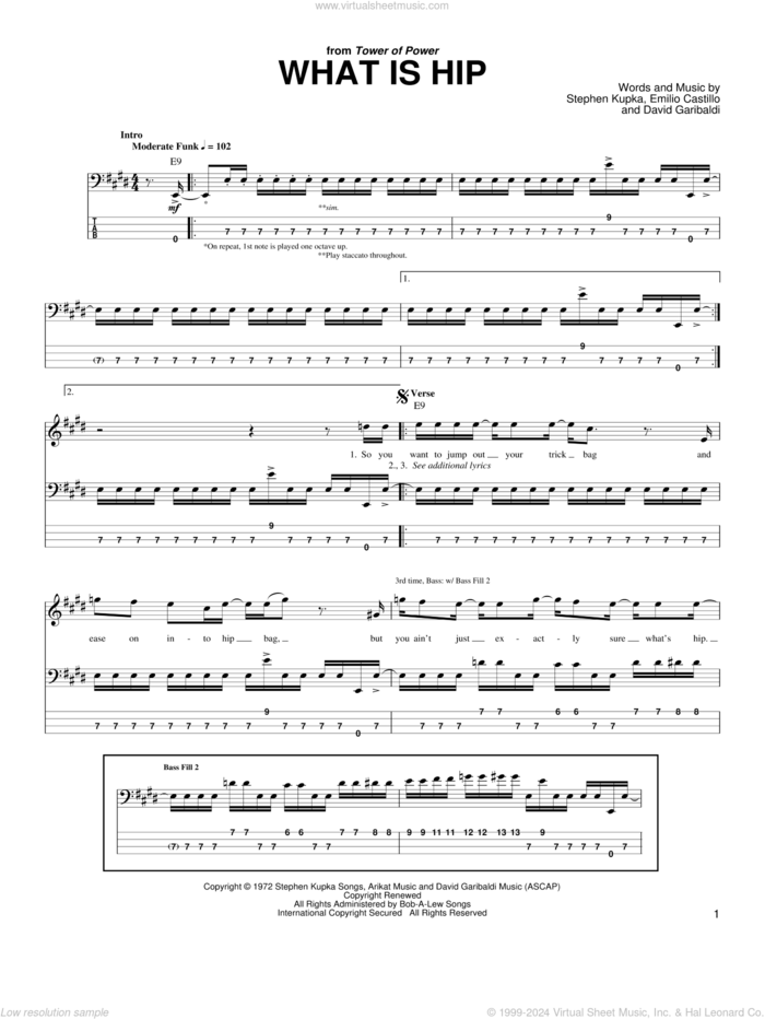 What Is Hip sheet music for bass (tablature) (bass guitar) by Tower Of Power, Rocco Prestia, David Garibaldi, Emilio Castillo and Stephen Kupka, intermediate skill level