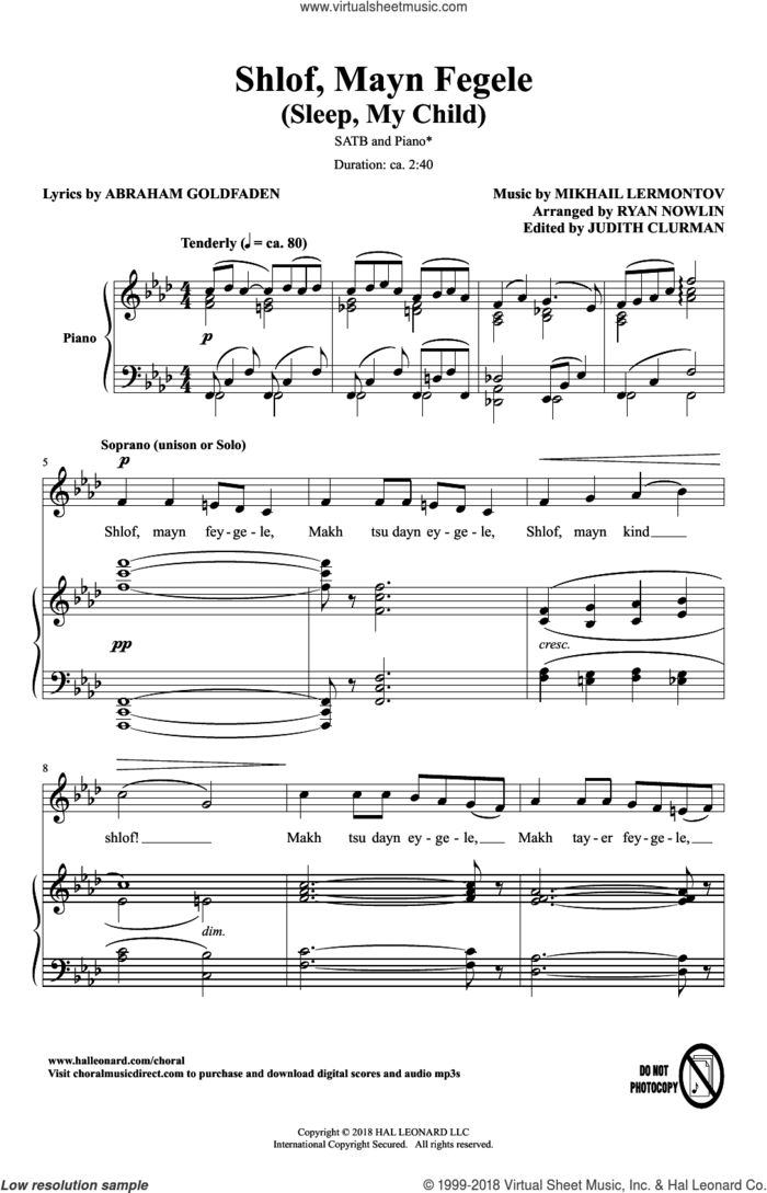 Shlof, Mayn Fegele (A Lullaby) (arr. Ryan Nowlin) sheet music for choir (SATB: soprano, alto, tenor, bass) by Abraham Goldfaden, Ryan Nowlin and Mikhail Lermontov, intermediate skill level