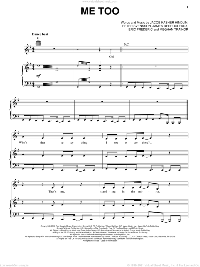 Me Too sheet music for voice, piano or guitar by Meghan Trainor, Eric Frederic, Jacob Kasher Hindlin, Jason Desrouleaux and Peter Svensson, intermediate skill level