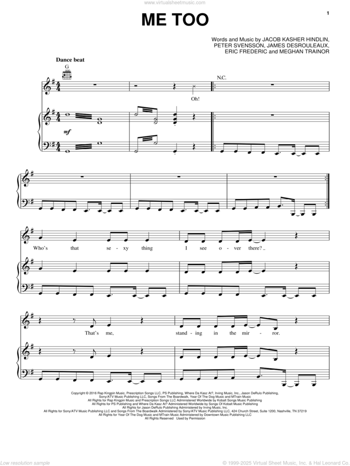 Me Too sheet music for voice, piano or guitar by Meghan Trainor, Eric Frederic, Jacob Kasher Hindlin, Jason Desrouleaux and Peter Svensson, intermediate skill level