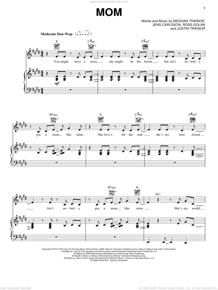 Mom (feat. Kelli Trainor) sheet music for voice, piano or guitar by Meghan Trainor, Jens Carlsson, Justin Trainor and Ross Golan, intermediate skill level