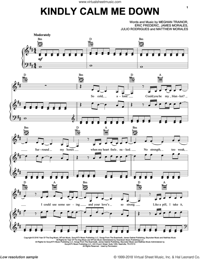 Kindly Calm Me Down sheet music for voice, piano or guitar by Meghan Trainor, Eric Frederic, James Morales, Julio Rodriguez and Matthew Morales, intermediate skill level