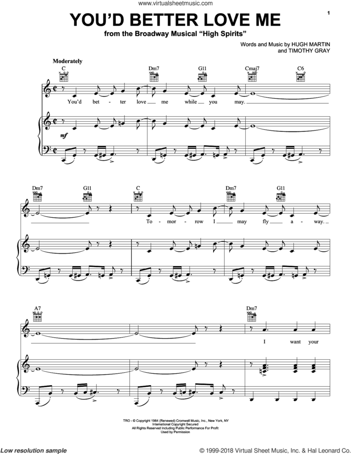 You'd Better Love Me sheet music for voice, piano or guitar by Hugh Martin and Timothy Gray, intermediate skill level