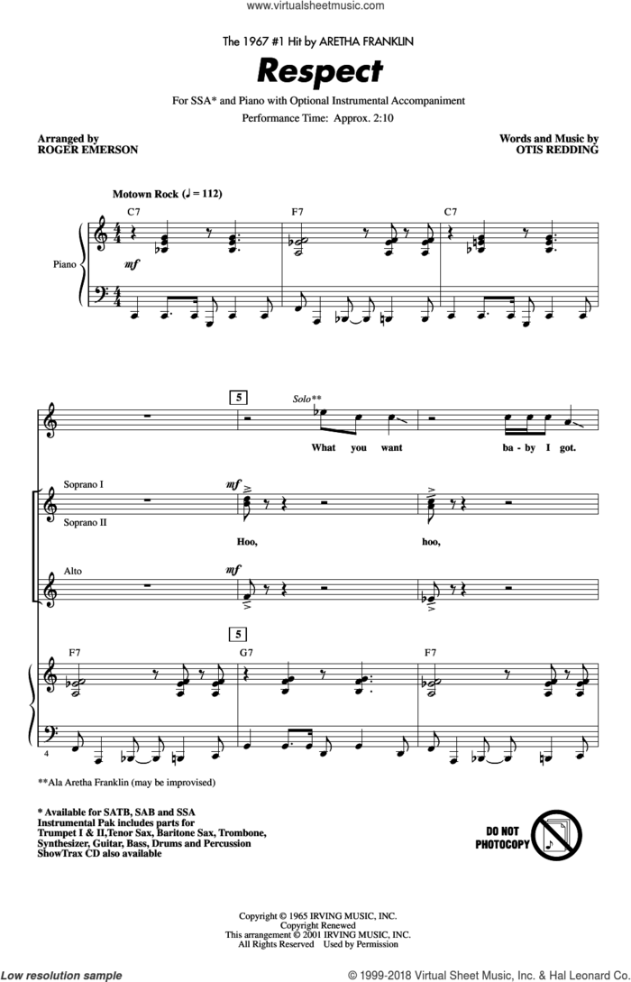 Respect (arr. Roger Emerson) sheet music for choir (SSA: soprano, alto) by Aretha Franklin, Roger Emerson and Otis Redding, intermediate skill level