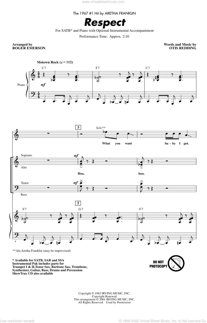 Respect (arr. Roger Emerson) sheet music for choir (SATB: soprano, alto, tenor, bass) by Aretha Franklin, Roger Emerson and Otis Redding, intermediate skill level