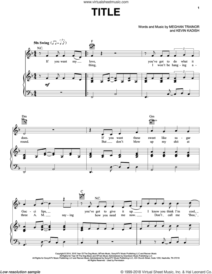 Title sheet music for voice, piano or guitar by Meghan Trainor and Kevin Kadish, intermediate skill level