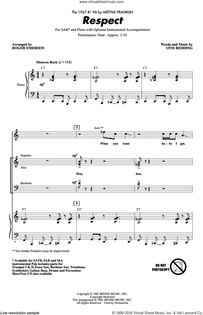 Respect (arr. Roger Emerson) sheet music for choir (SAB: soprano, alto, bass) by Aretha Franklin, Roger Emerson and Otis Redding, intermediate skill level