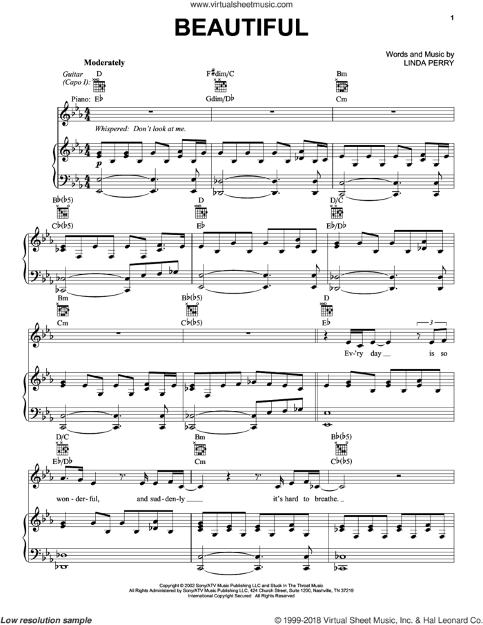 Beautiful sheet music for voice, piano or guitar by Christina Aguilera, Christina Aguilera & Beverly McClellan and Linda Perry, intermediate skill level