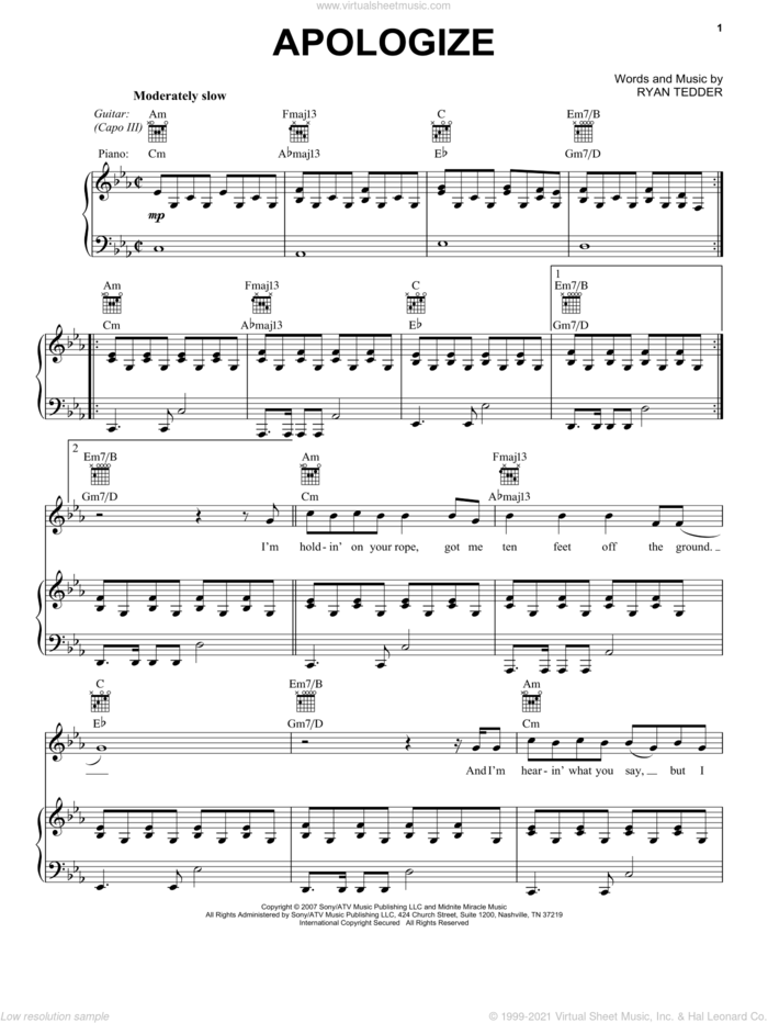 Apologize (feat. OneRepublic) sheet music for voice, piano or guitar by Timbaland and Ryan Tedder, intermediate skill level