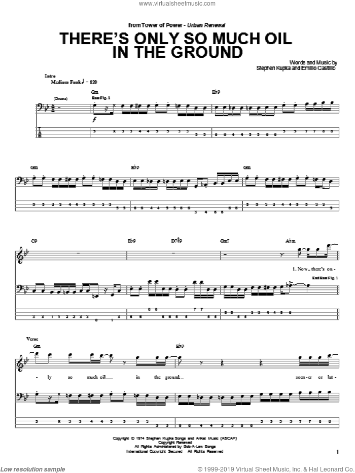 There's Only So Much Oil In The Ground sheet music for bass (tablature) (bass guitar) by Tower Of Power, Rocco Prestia, Emilio Castillo and Stephen Kupka, intermediate skill level
