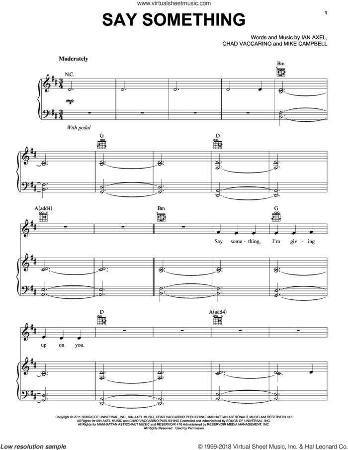 Say Something sheet music for voice, piano or guitar by A Great Big World, Chad Vaccarino, Ian Axel and Mike Campbell, intermediate skill level