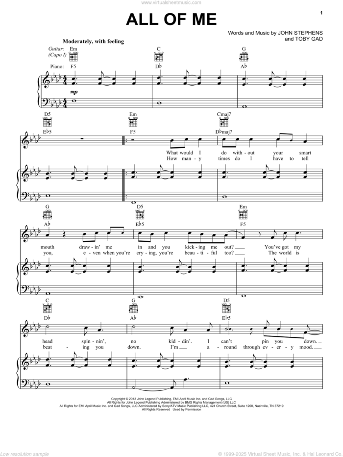 All Of Me sheet music for voice, piano or guitar by John Legend, John Stephens and Toby Gad, wedding score, intermediate skill level