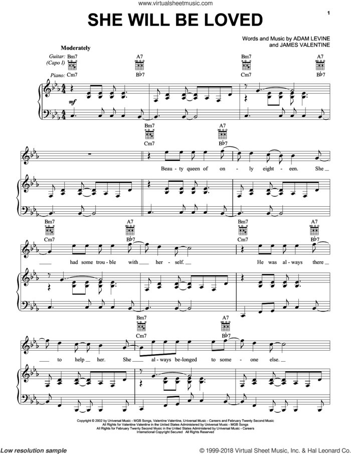 She Will Be Loved sheet music for voice, piano or guitar by Maroon 5, Adam Levine and James Valentine, intermediate skill level