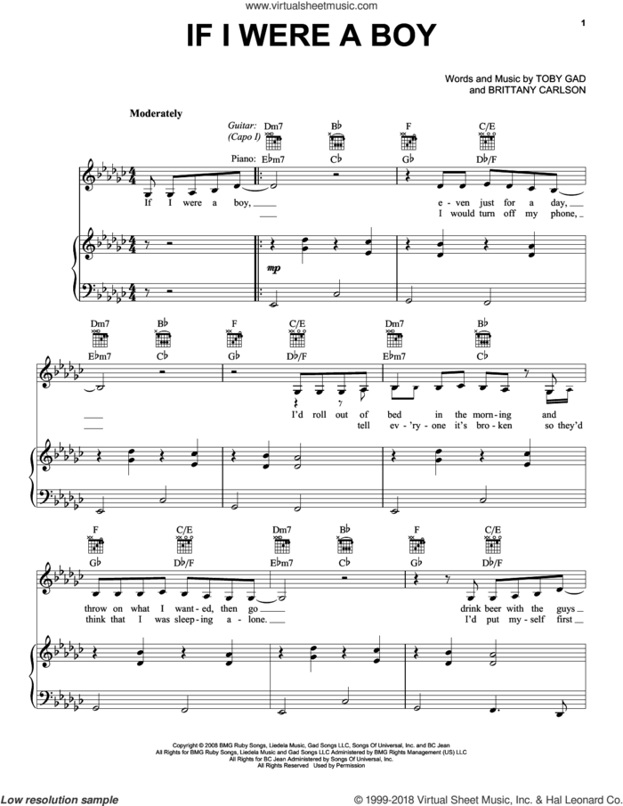 If I Were A Boy sheet music for voice, piano or guitar by Beyonce, Reba, Brittany Carlson and Toby Gad, intermediate skill level