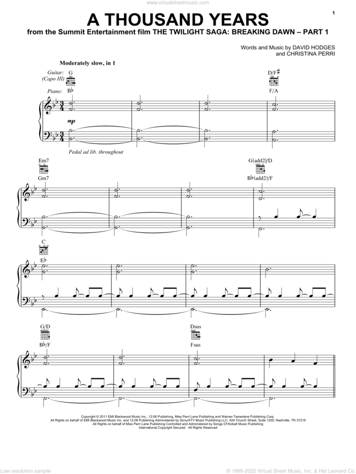 A Thousand Years sheet music for voice, piano or guitar by Christina Perri, Miscellaneous and David Hodges, wedding score, intermediate skill level