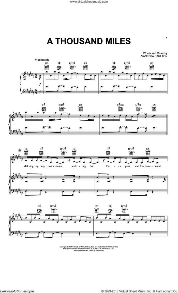 A Thousand Miles sheet music for voice, piano or guitar by Vanessa Carlton, intermediate skill level