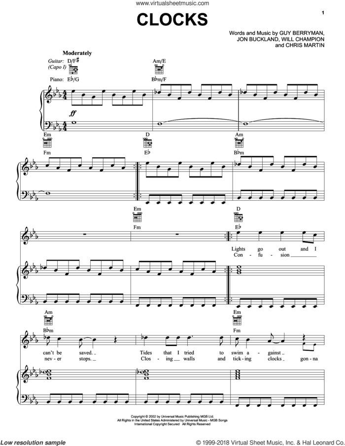 Clocks sheet music for voice, piano or guitar by Guy Berryman, Coldplay, Chris Martin, Jon Buckland and Will Champion, intermediate skill level