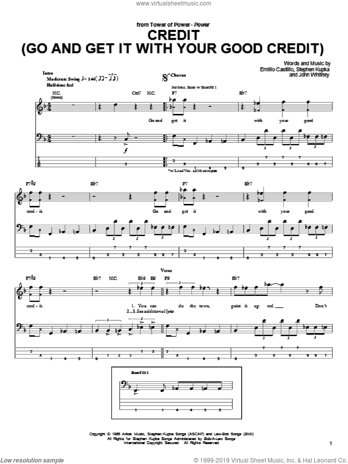 Credit (Go And Get It With Your Good Credit) sheet music for bass (tablature) (bass guitar) by Tower Of Power, Rocco Prestia, Emilio Castillo, John Whitney and Stephen Kupka, intermediate skill level