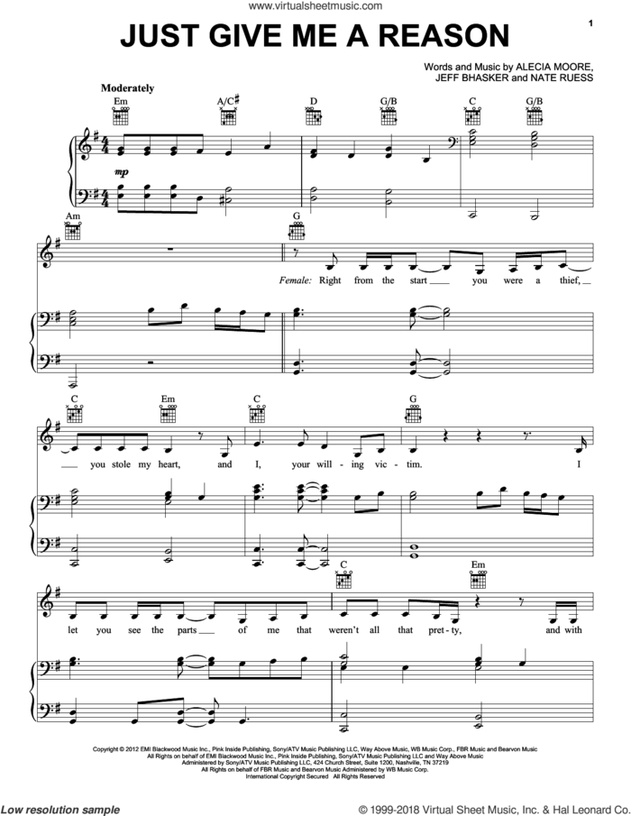 Just Give Me A Reason (feat. Nate Ruess) sheet music for voice, piano or guitar by Jeff Bhasker, Miscellaneous, Alecia Moore and Nate Ruess, intermediate skill level