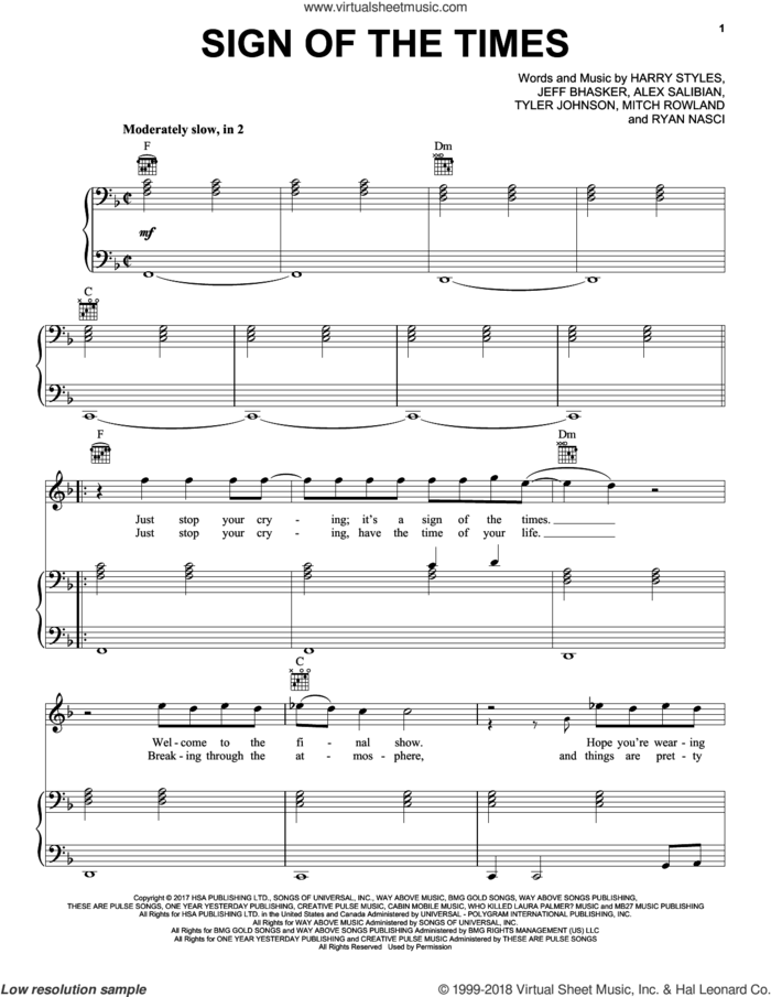 Sign Of The Times sheet music for voice, piano or guitar by Harry Styles, Alex Salibian, Jeff Bhasker, Mitch Rowland, Ryan Nasci and Tyler Johnson, intermediate skill level