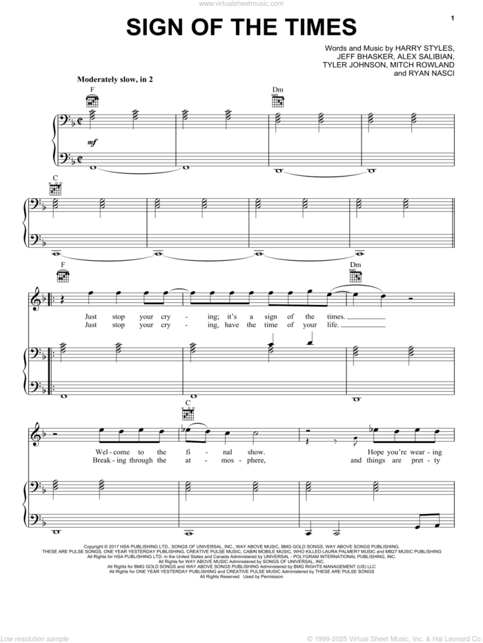 Sign Of The Times sheet music for voice, piano or guitar by Harry Styles, Alex Salibian, Jeff Bhasker, Mitch Rowland, Ryan Nasci and Tyler Johnson, intermediate skill level