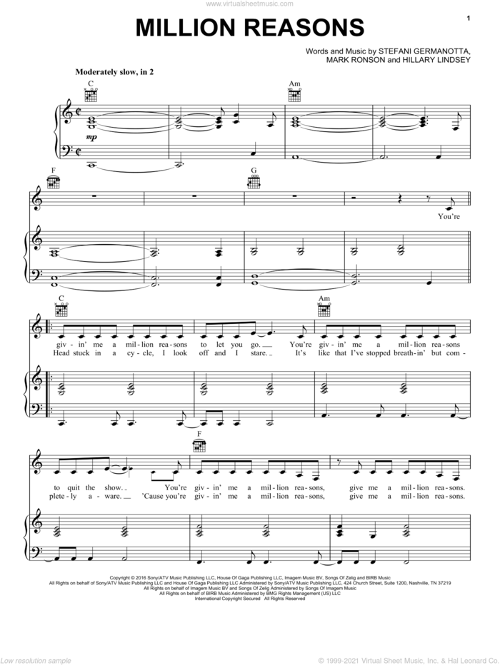 Million Reasons sheet music for voice, piano or guitar by Lady Gaga, Hillary Lindsey and Mark Ronson, intermediate skill level