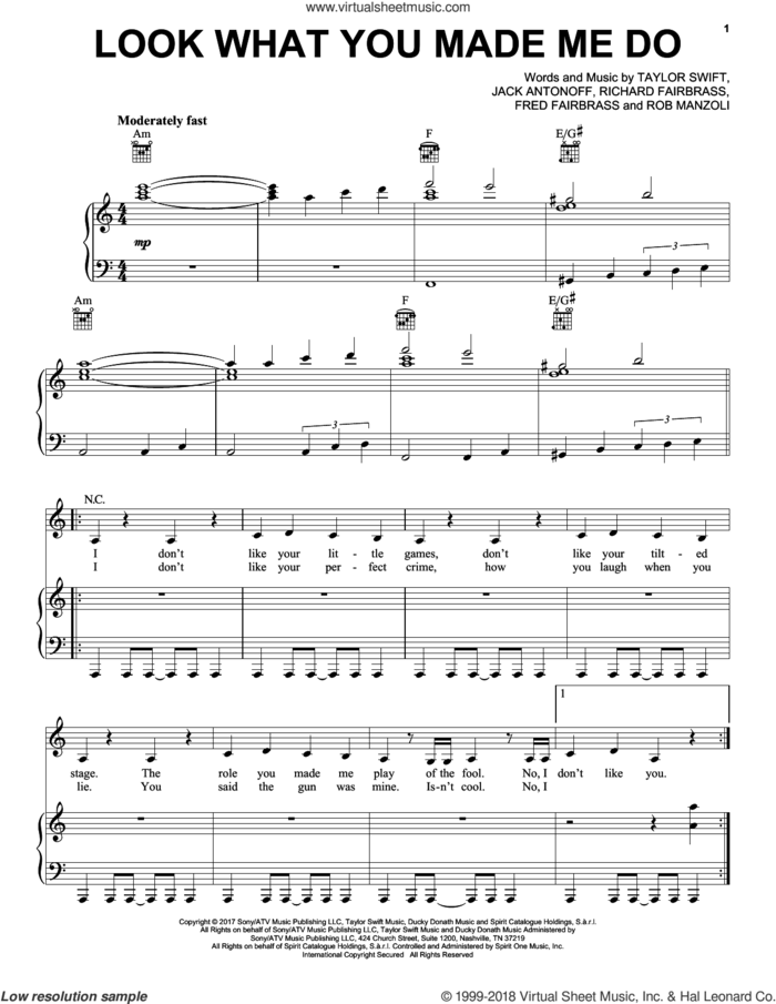 Look What You Made Me Do sheet music for voice, piano or guitar by Taylor Swift, Fred Fairbrass, Jack Antonoff, Richard Fairbrass and Rob Manzoli, intermediate skill level