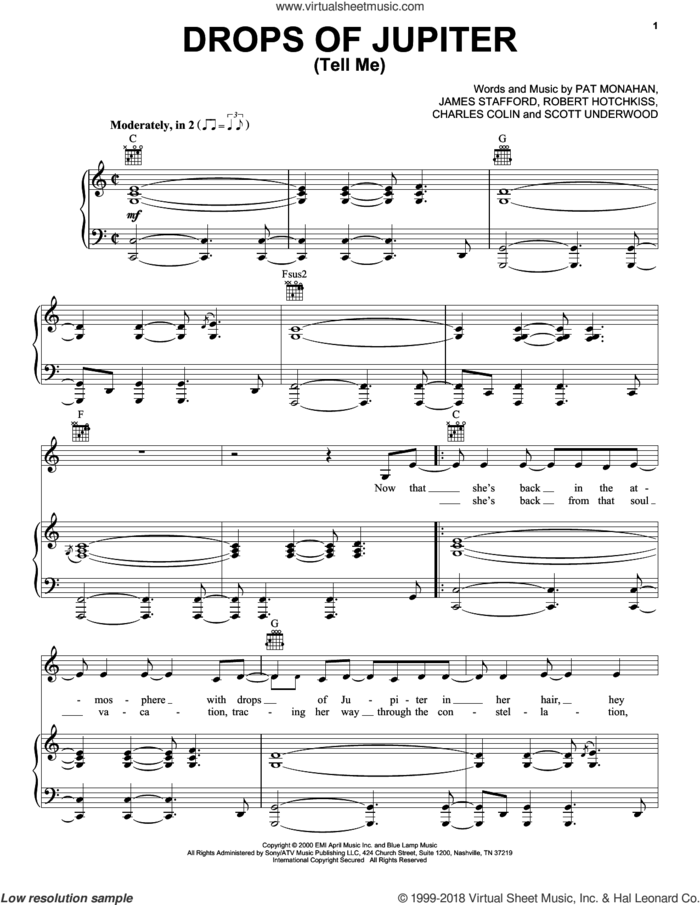 Drops Of Jupiter (Tell Me) sheet music for voice, piano or guitar by Train, Charles Colin, James Stafford, Pat Monahan, Robert Hotchkiss and Scott Underwood, intermediate skill level