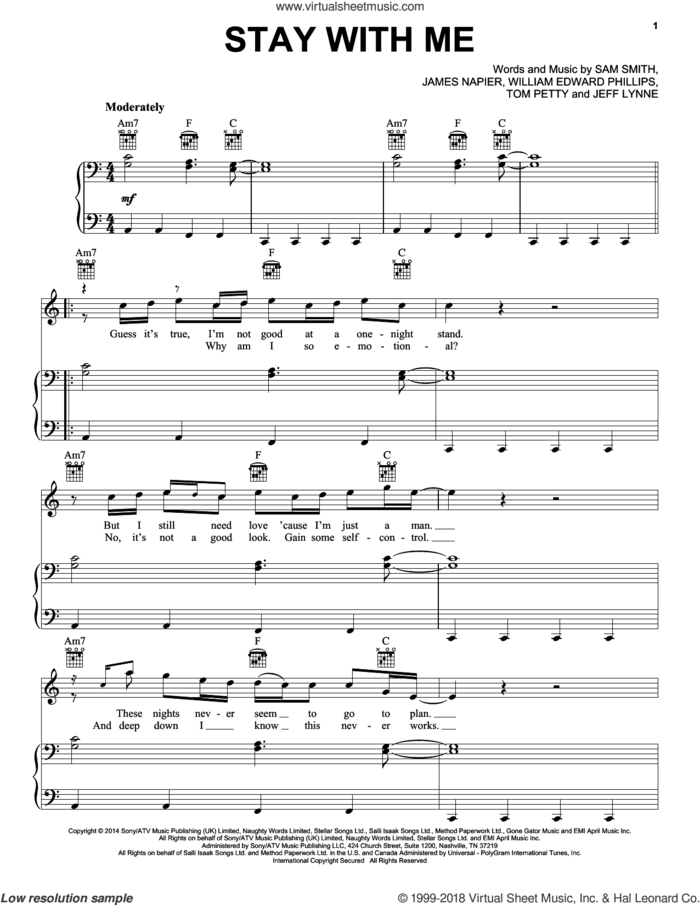 Stay With Me sheet music for voice, piano or guitar by Sam Smith, James Napier, Jeff Lynne, Tom Petty and William Edward Phillips, intermediate skill level