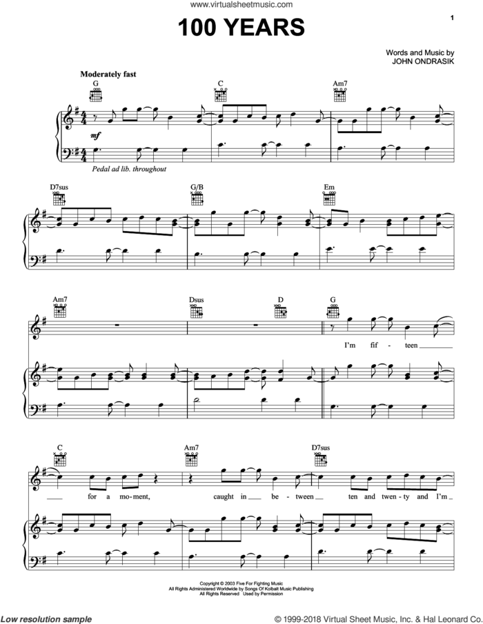 100 Years sheet music for voice, piano or guitar by Five For Fighting, Miscellaneous and John Ondrasik, intermediate skill level