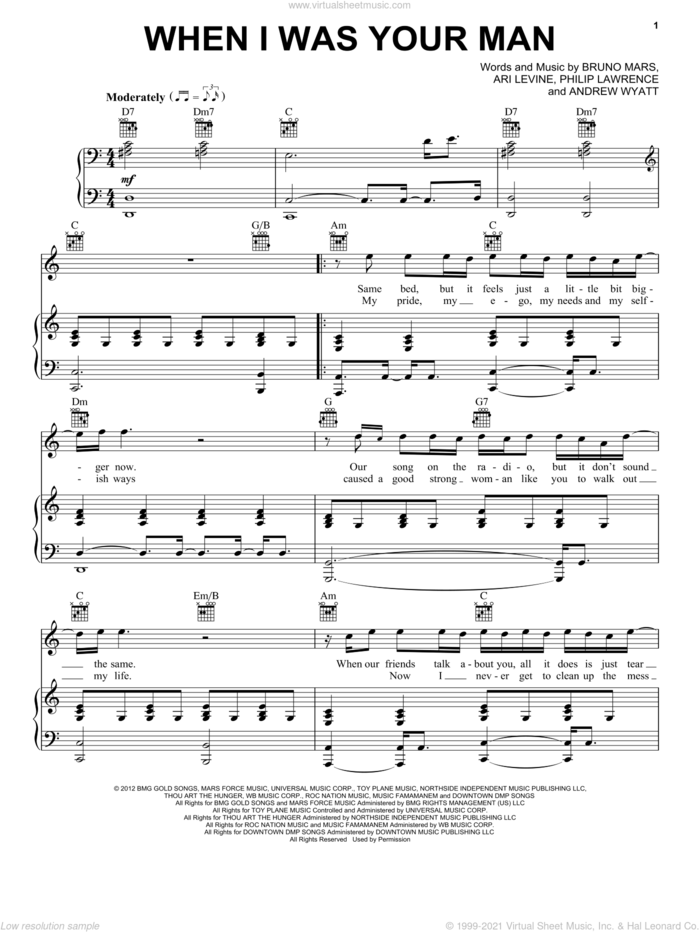 When I Was Your Man sheet music for voice, piano or guitar by Bruno Mars, Andrew Wyatt, Ari Levine and Philip Lawrence, intermediate skill level