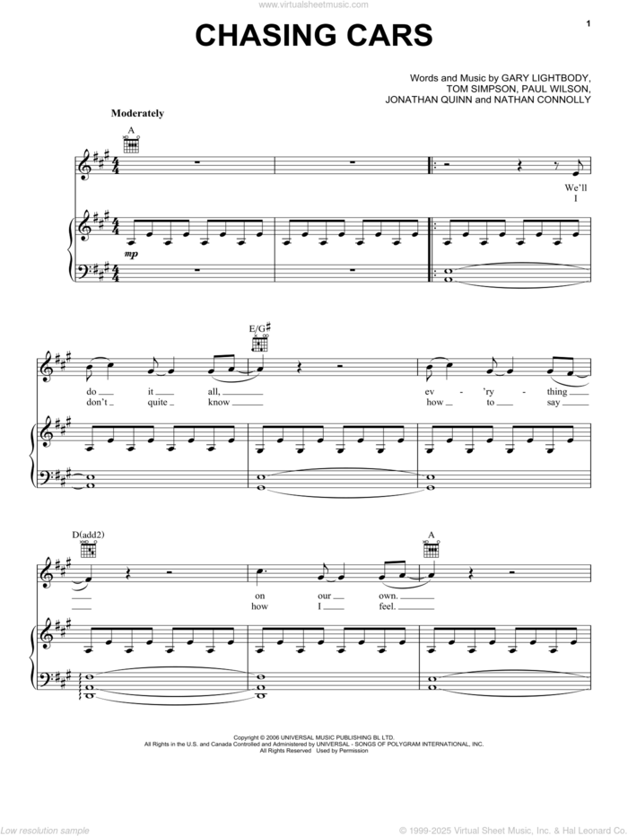 Chasing Cars sheet music for voice, piano or guitar by Snow Patrol, Gary Lightbody, Jonathan Quinn, Nathan Connolly, Paul Wilson and Tom Simpson, intermediate skill level